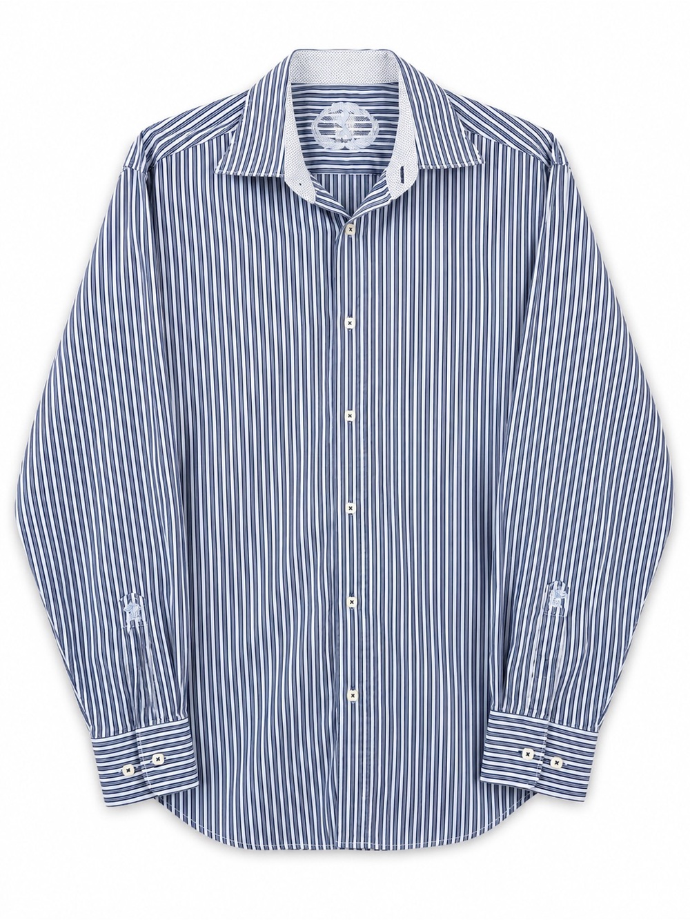 Bugatchi Shaped Fit Blue White Striped Cotton Dress Shirt XL